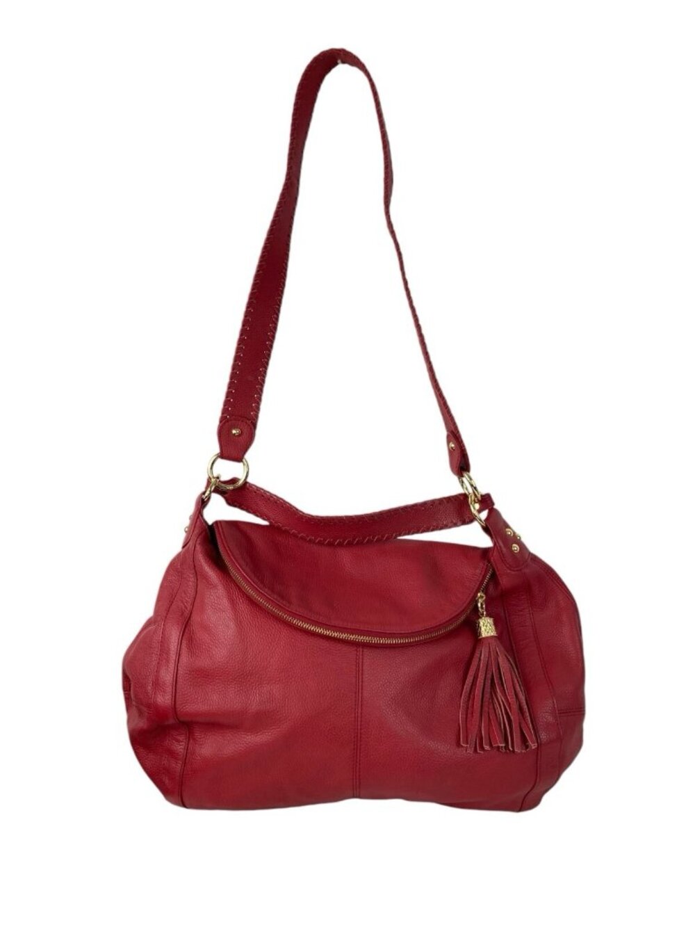 -ONNA EHRLICH RACHEL Red Pebbled Leather Large Hobo Bag Purse Tassle Designer